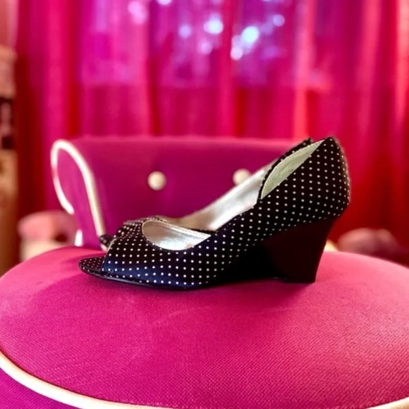 1950s Retro Pinup Style Satin Peep-Toe Polka Dot Slip-On Wedges Women’s 7.5 - Picture 2 of 5